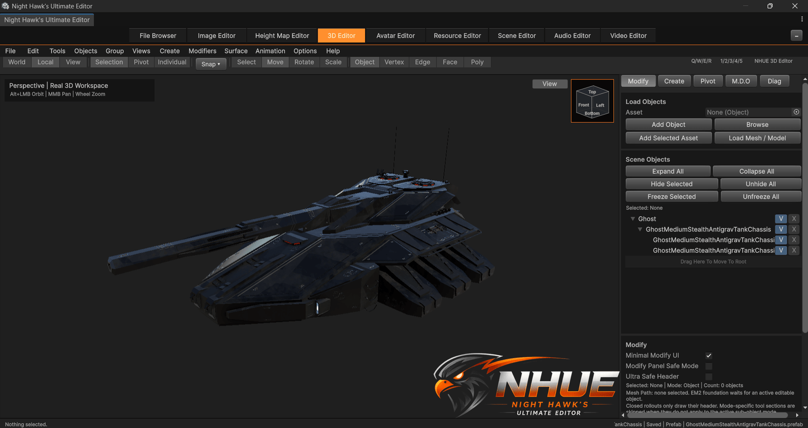 NHUE 3D Editor dark sci-fi tank screenshot