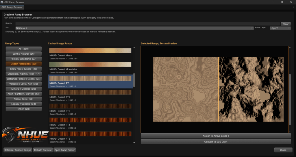NHUE Ramp Browser side-by-side colormap and relief preview