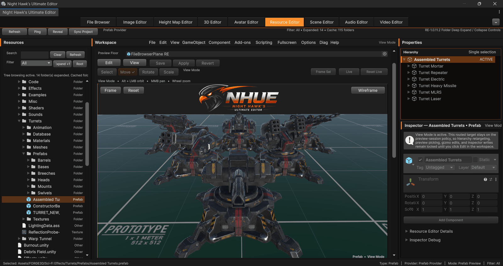 NHUE Resource Editor showing prefab browsing live preview hierarchy and inspector tools