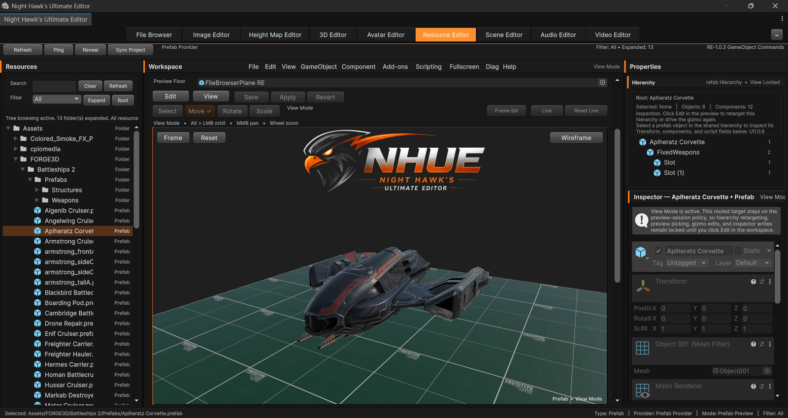 NHUE Resource Editor spaceship prefab preview screenshot